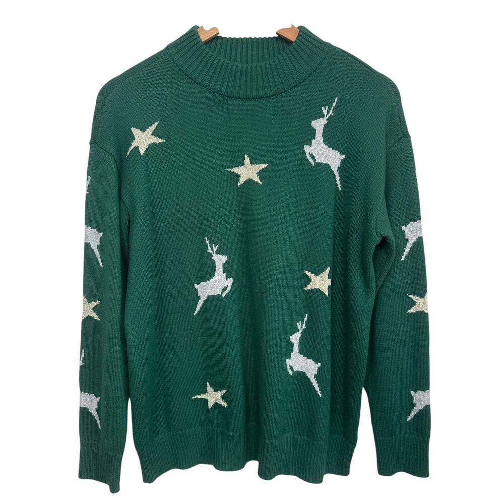 Talbots Women’s Green Reindeer Star Metallic Mock Neck Christmas Sweater Size M